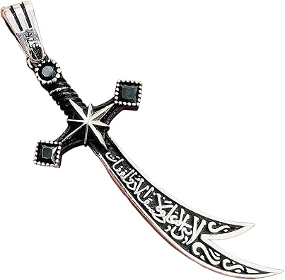 Zulfiqar Sword Necklace 925 Sterling Silver Mens Warrior Jewelry with Black Cubic Zirconia Stone, Hz Ali Arabic Calligraphy, Shia Islamic Pendant
