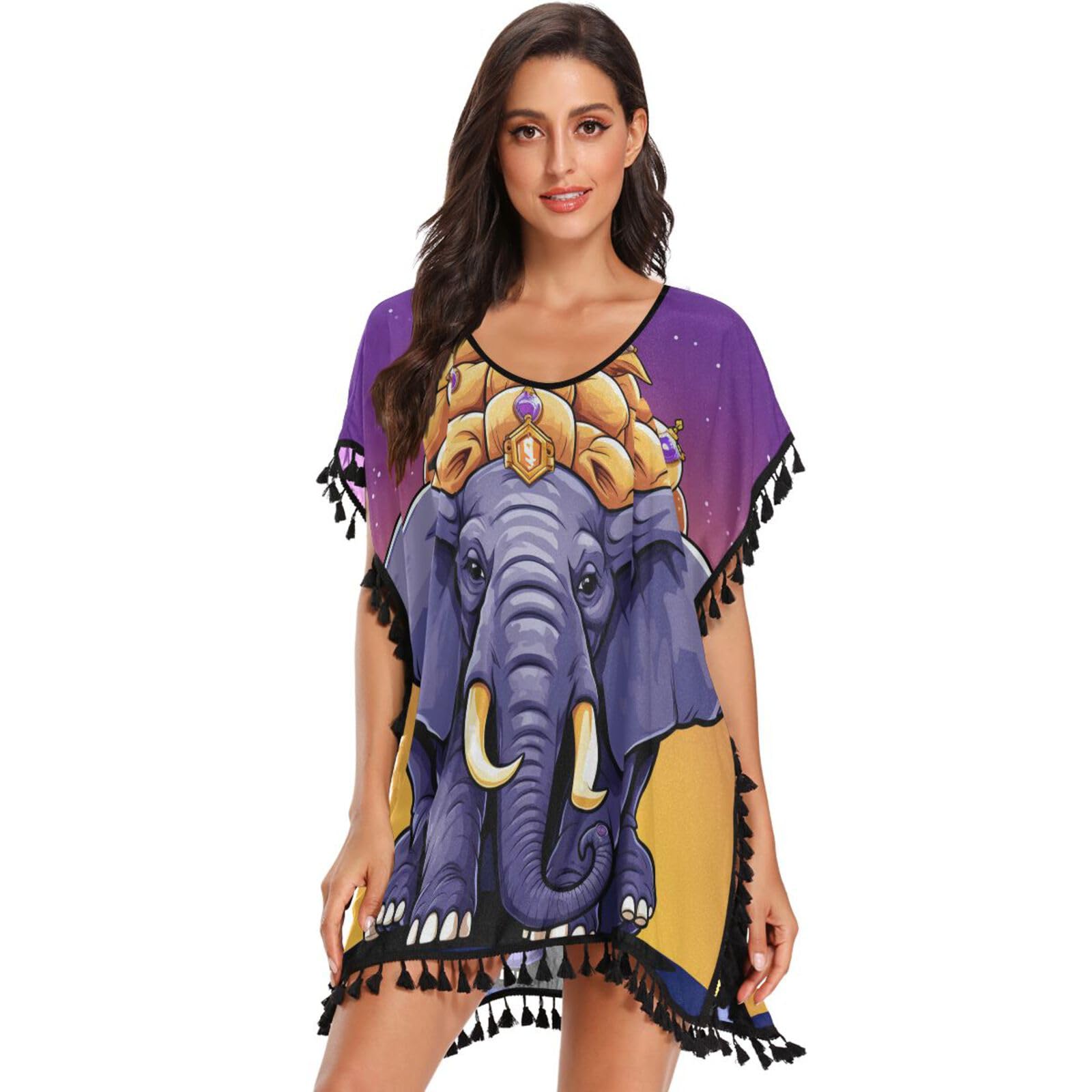 Doodle Art Cute Elephant Women's Beach Cover Up Chiffon Tassel Swimwear Swimsuit Coverups for Girl