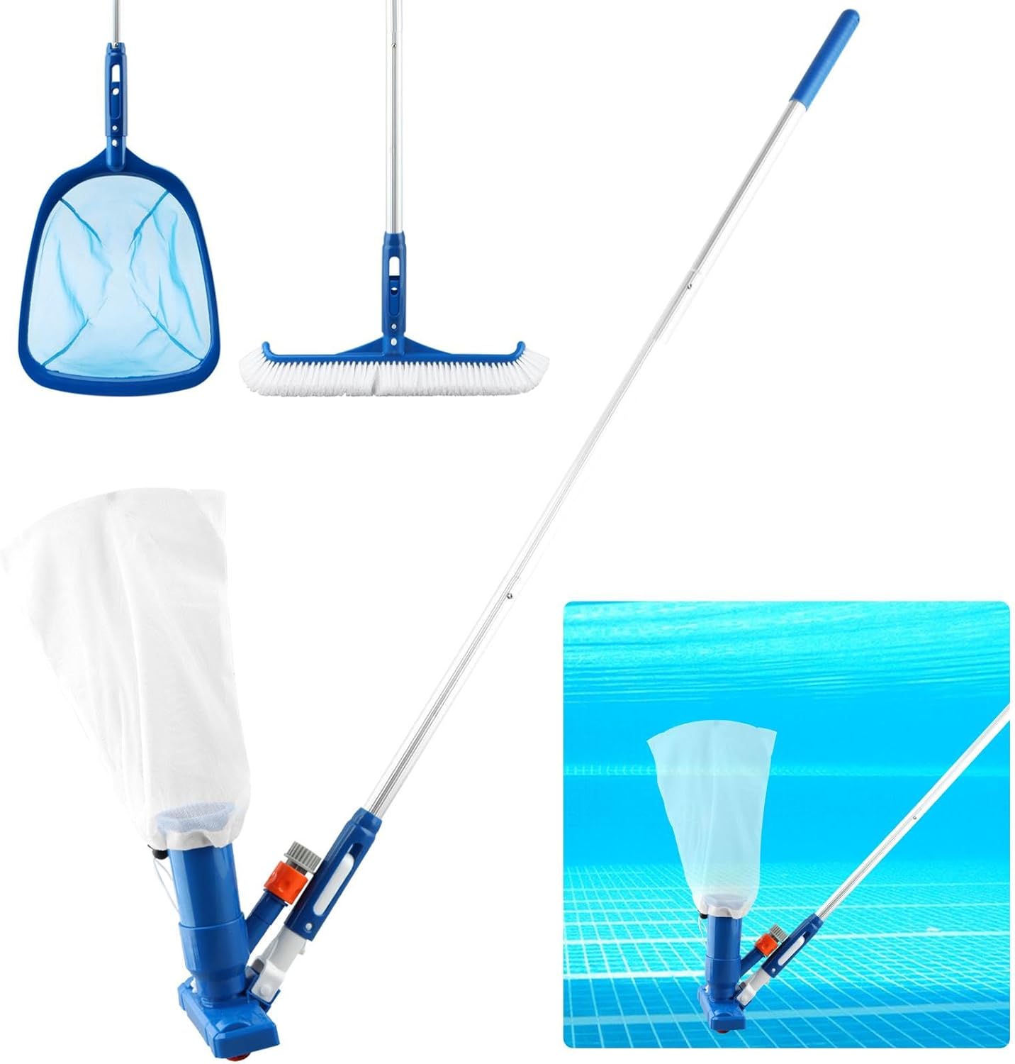 Swimming Pool Cleaning Kit, Pool Brush with 4 Pole Skimmer Net Maintenance Poo l Vacuum Cleaner Kit Mesh Leaf Bag Adjustable 61” Pole for Any Size Pools, Hot Tub, Fountain, Pond(Color:Blue)