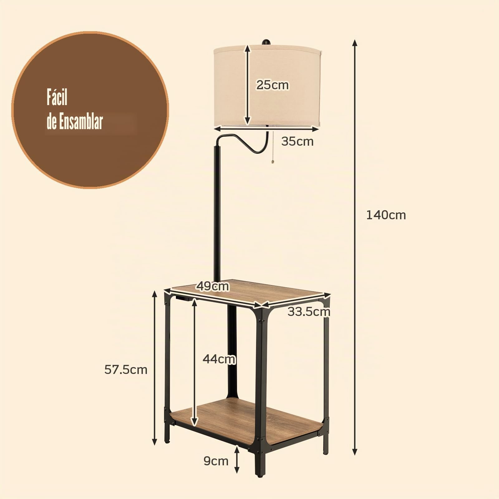 HOMASIS Lámpara de Pie con Mesa Auxiliar y Puertos de Carga USB, Lámpara de Mesilla de Noche Giratoria 360°, con Lámpara E27 (No Incluida) para Salón, Dormitorio, Natural