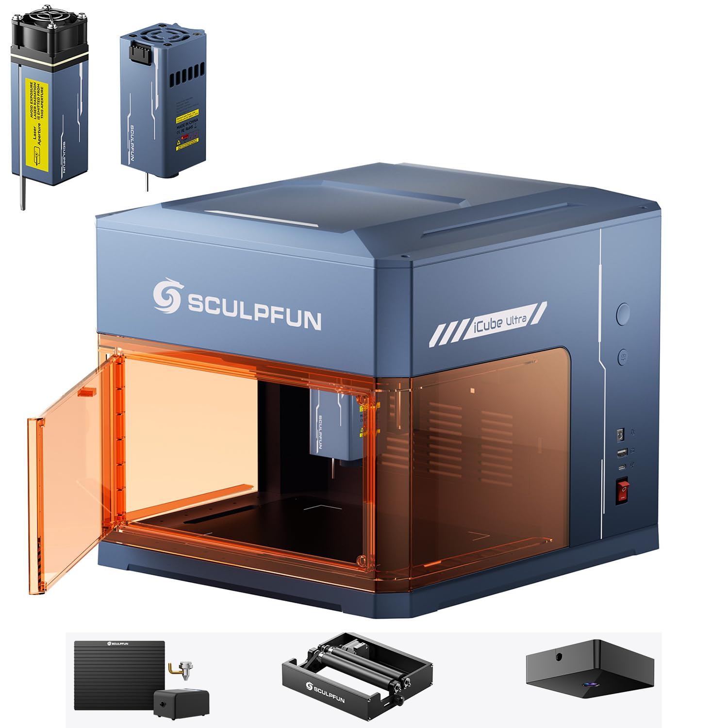 SCULPFUN iCube Ultra Dual Mini Laser Graviermaschine, mit PAC3 - Air Assist iAP & Kamera iCAM & Roller RAmini, 12W Diode und 1,2W Infrarot Laser, SCULPFUN APP, Laser Cutter mit Rauchfilter