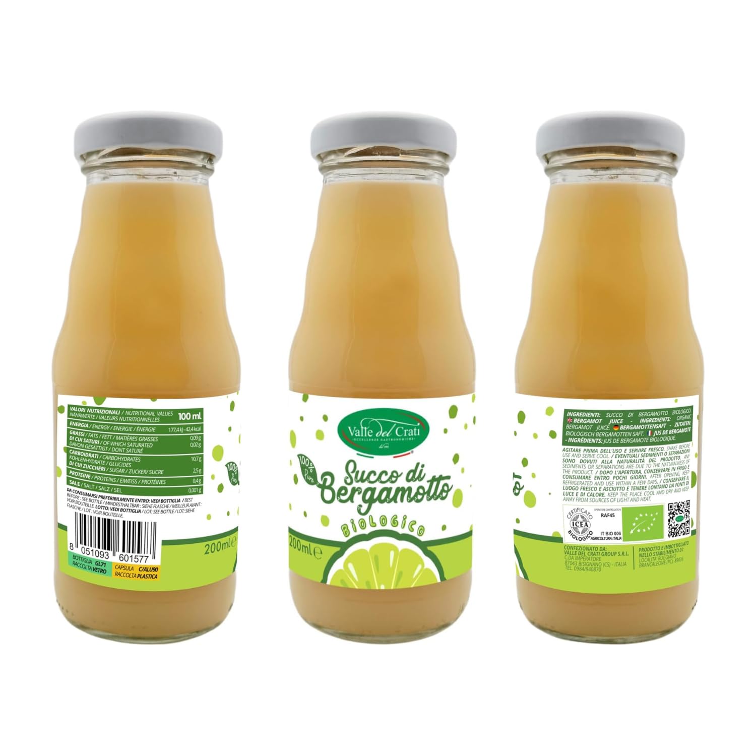Valle del Crati Succo di Bergamotto BIO Calabrese | 100% Puro | 12 bottiglie da 200ml | senza Zuccheri Aggiunti e senza Conservanti | Bevanda Fresca e Dissetante | Spremuta di Bergamotto Biologico