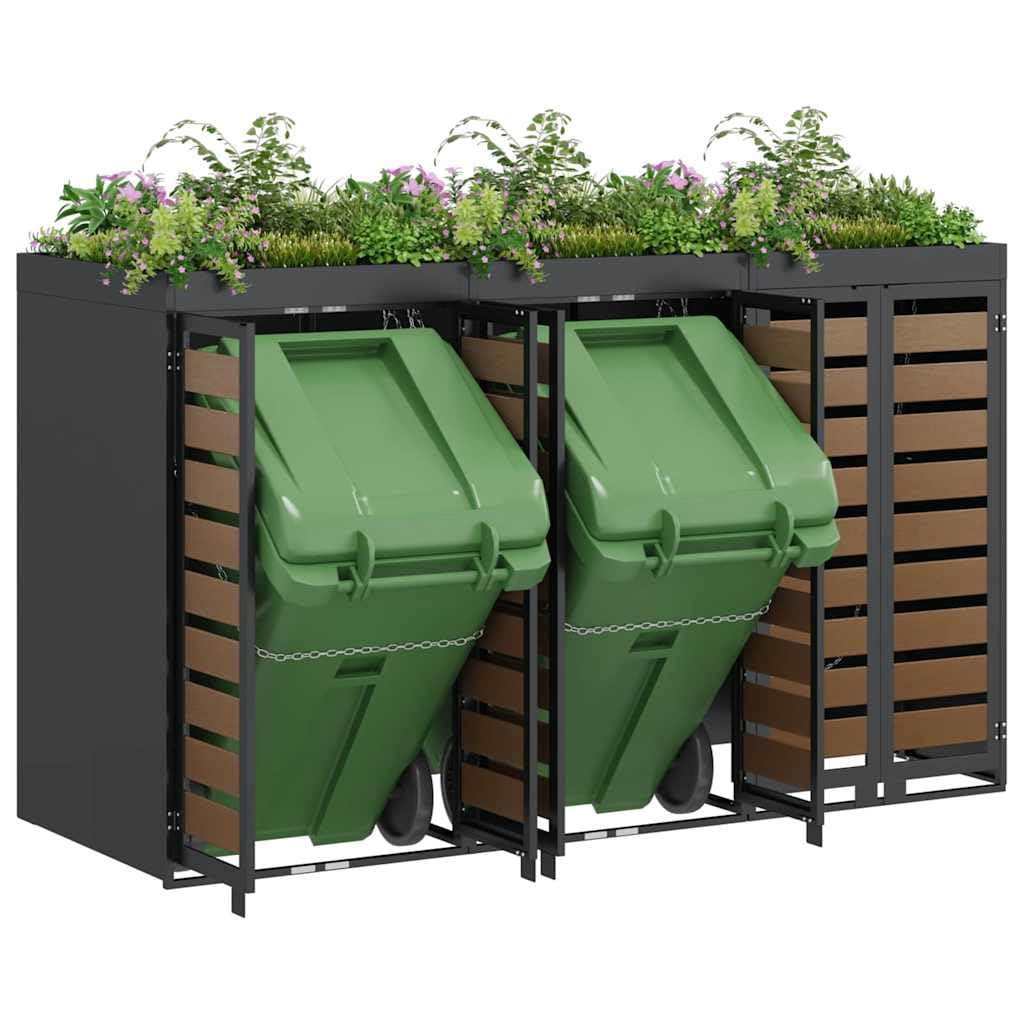 Copribidoni per 3 Bidoni di Spazzatura Contenitori Pattumiera Cassonetti Rifiuti 240 L Box in Acciaio Antracite/Aspetto Larice Coperchio Bidone Resistente 3 Porte