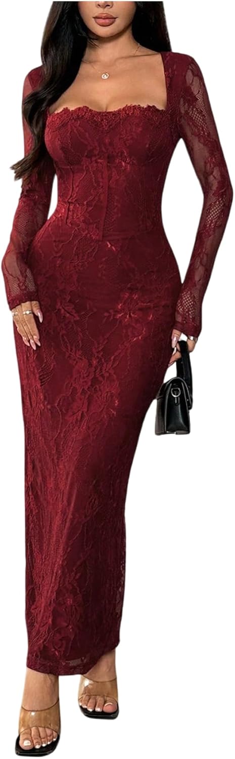 OYOANGLE Women's Floral Lace Slit Back Fishtail Long Dress Square Neck Cocktail Bodycon Dresses
