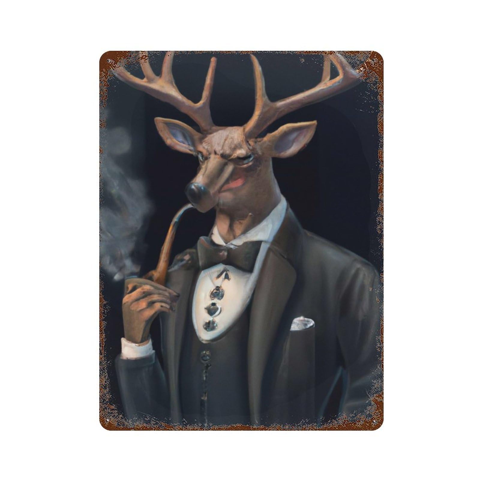 Rustic Tin Plaque with Gangster Deer Design 15.7"x11.8", for Cafe, Home Bar And Lounge Decor, Industrial Home Decor