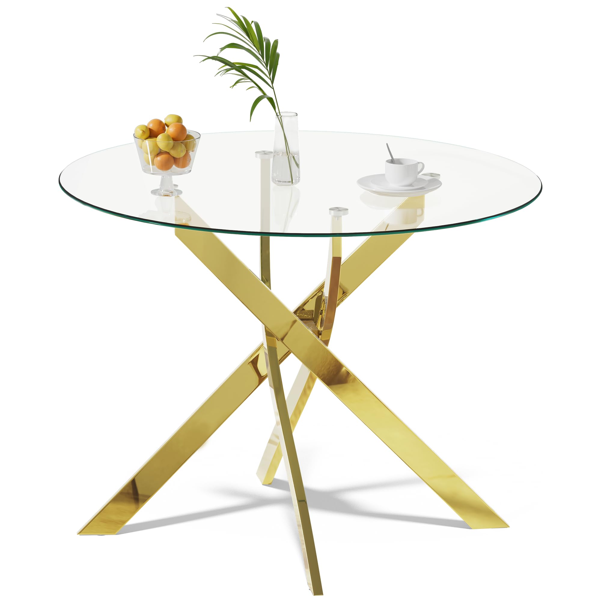 Glass Dining Table,Gold Kitchen Table,35.3" Small Round Dining Table for Apartment Kitchen Dining Room (Only Table)