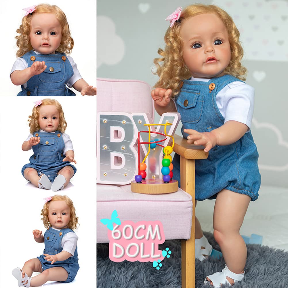 LONIAN 24 cale 60 cm Reborn Baby Dolls Girls Realictic Handmade Miękki silikon winyl Reborn Babies Maluch Lalki prawdziwe życie noworodka zabawki dla niemowląt prezenty świąteczne (niebieskie oczy)