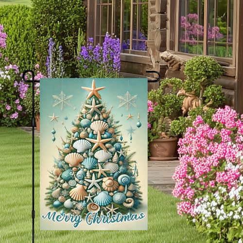 Image of BlissYard Christmas Seashell Tree Garden Flag 12x18 Inch Polyester