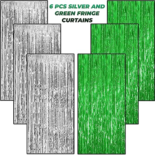 Image of TOYXE 6 Pieces Foil Fringe Tinsel Party Curtains for Photo Backdrop (GREEN-SILVER) | Fringe Curtains for Decoration | Foil Curtains for Birthday Decoration, Anniversary, Bachelorette, Baby Shower