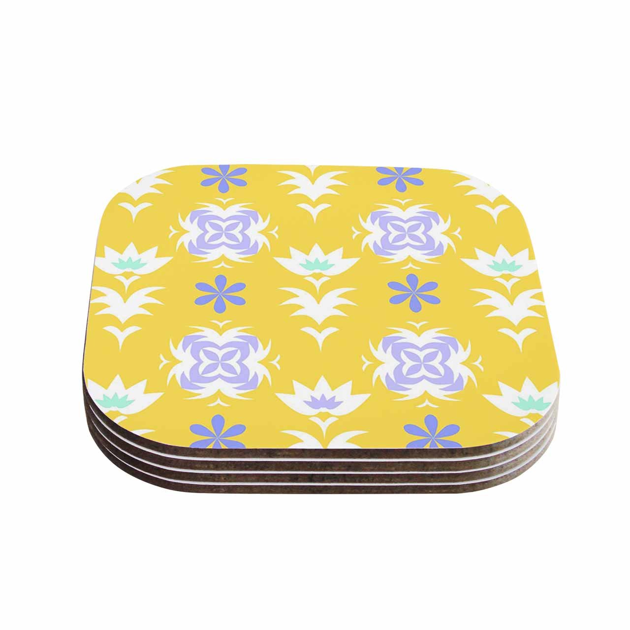 KESS InHouse Alison Coxon "Edwardian Tile Yellow" Yellow White Coasters (Set of 4), 4 x 4", Multicolor