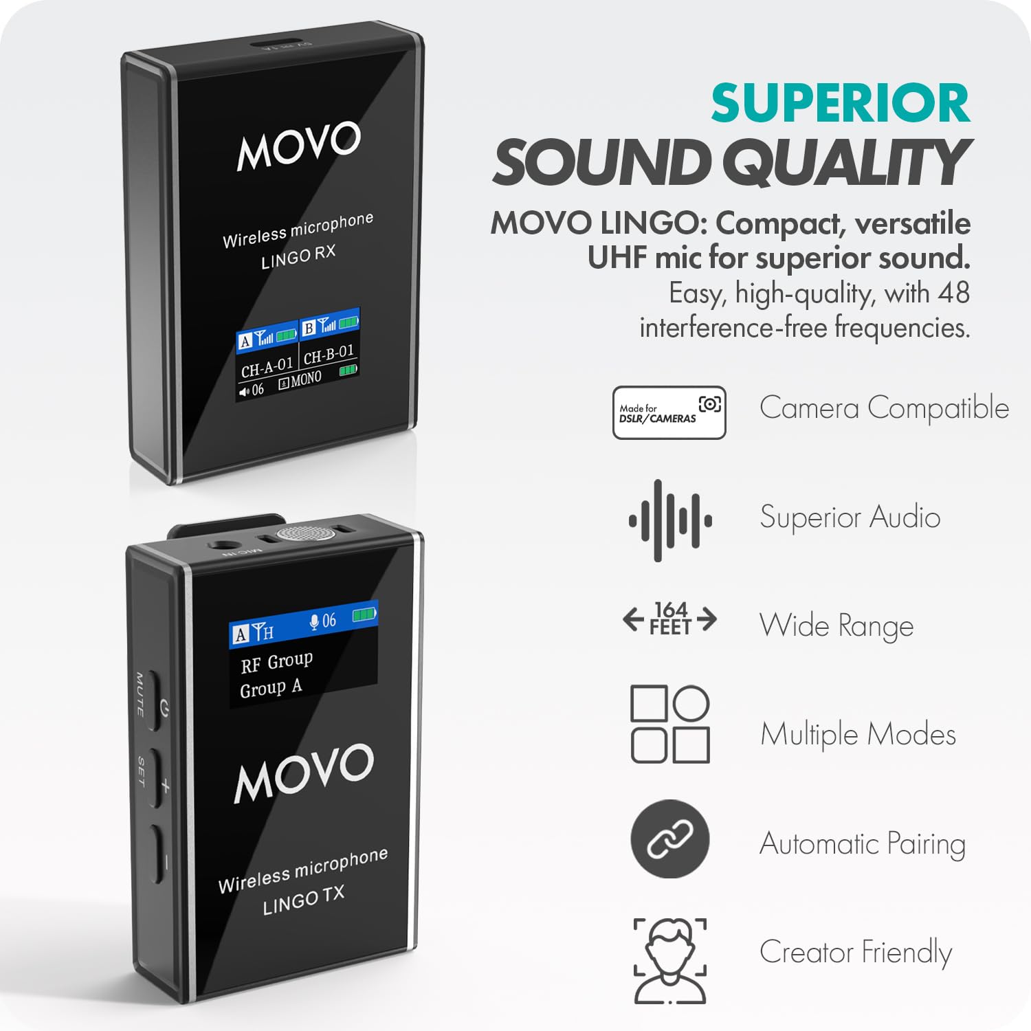 Movo Lingo Système de microphone sans fil UHF 48 canaux pour appareil photo – Microphone sans fil compatible avec les appareils photo reflex numériques Canon EOS, Nikon et Sony – pour réalisation de