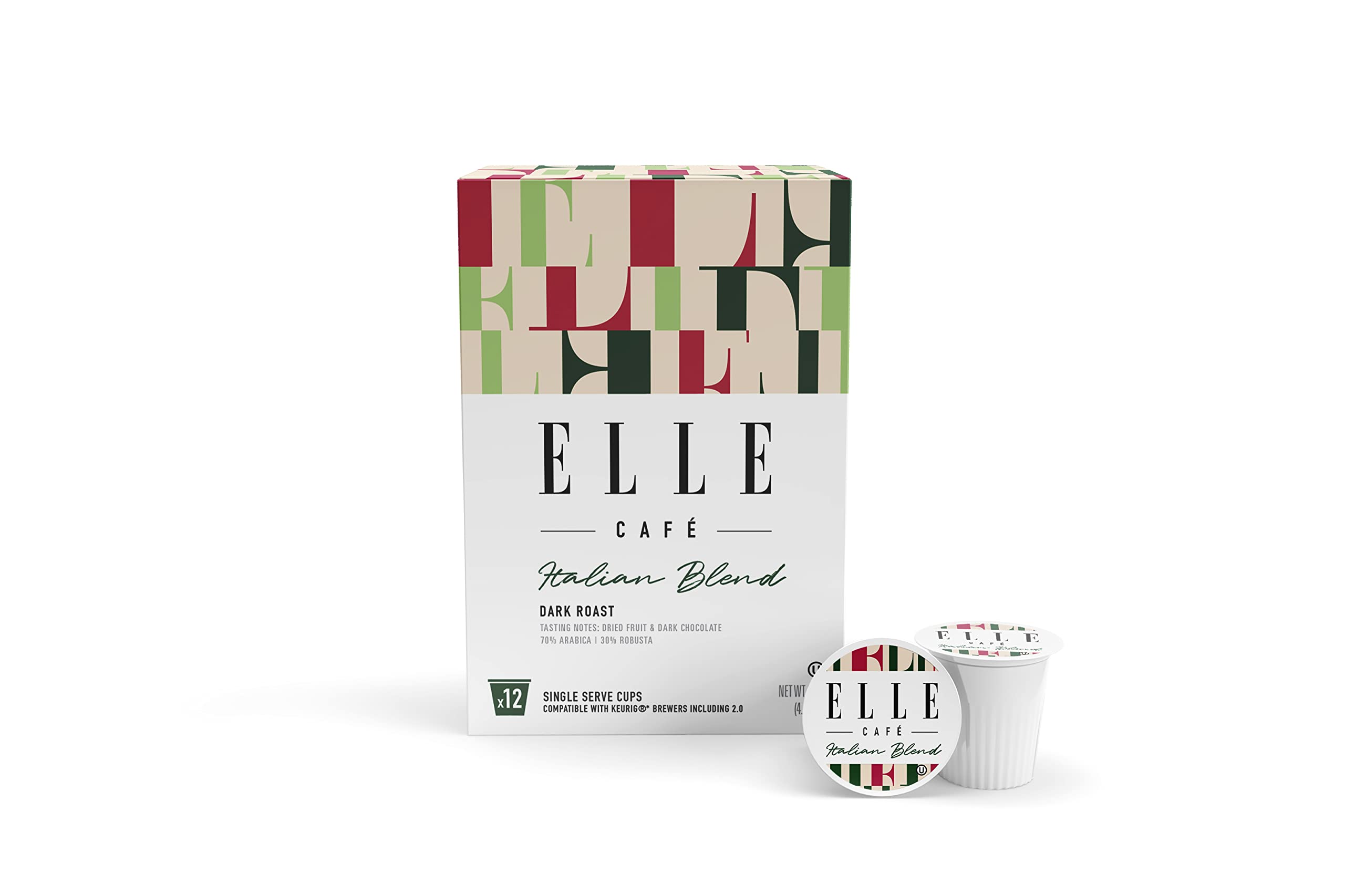 ElleELLE Café Italian Blend Premium Dark Roast Coffee K-Cups 12 Count (Pack of 1) | 100% Arabica Coffee | Keurig-Compatible | ELLE Fashion Café Coffee Portfolio | Notes of Dried Fruit & Dark Chocolate | Single-Serve Coffee K-Cups