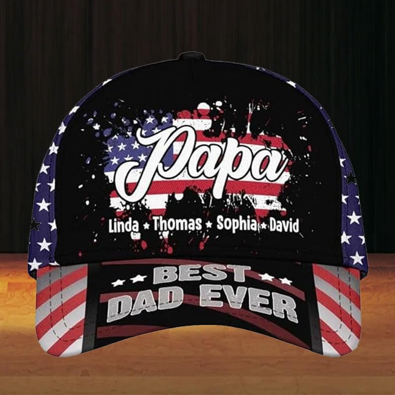 Personalized Dad Papa Cap, Papa with Grandkids USA Flag Cap, Custom Papa Cap, Dad Cap, 3D Baseball Cap Men, Baseball Cap for Dad, Fathers Day Hats for Men, for Dad Papa, Small-Large