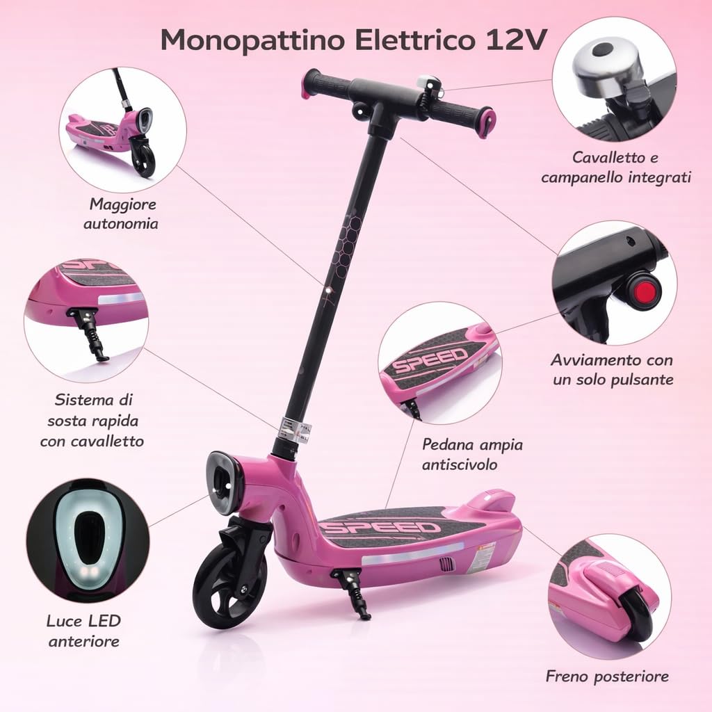 Monopattino per Bambini con Luci LED – Giocattolo a Batteria 12V, 2 Ruote, Uso Privato, Portata 50 kg