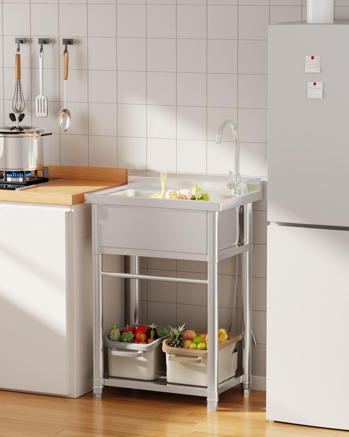 YODOLLA freistehend Edelstahl Spültisch mit Wasserhahn, Ablauf & Ablage | Einzelbecken mobiler Gewerbeküchenspüle, multifunktionale Küchenspüle für Outdoorküche, Waschtisch, Restaurant, Garage