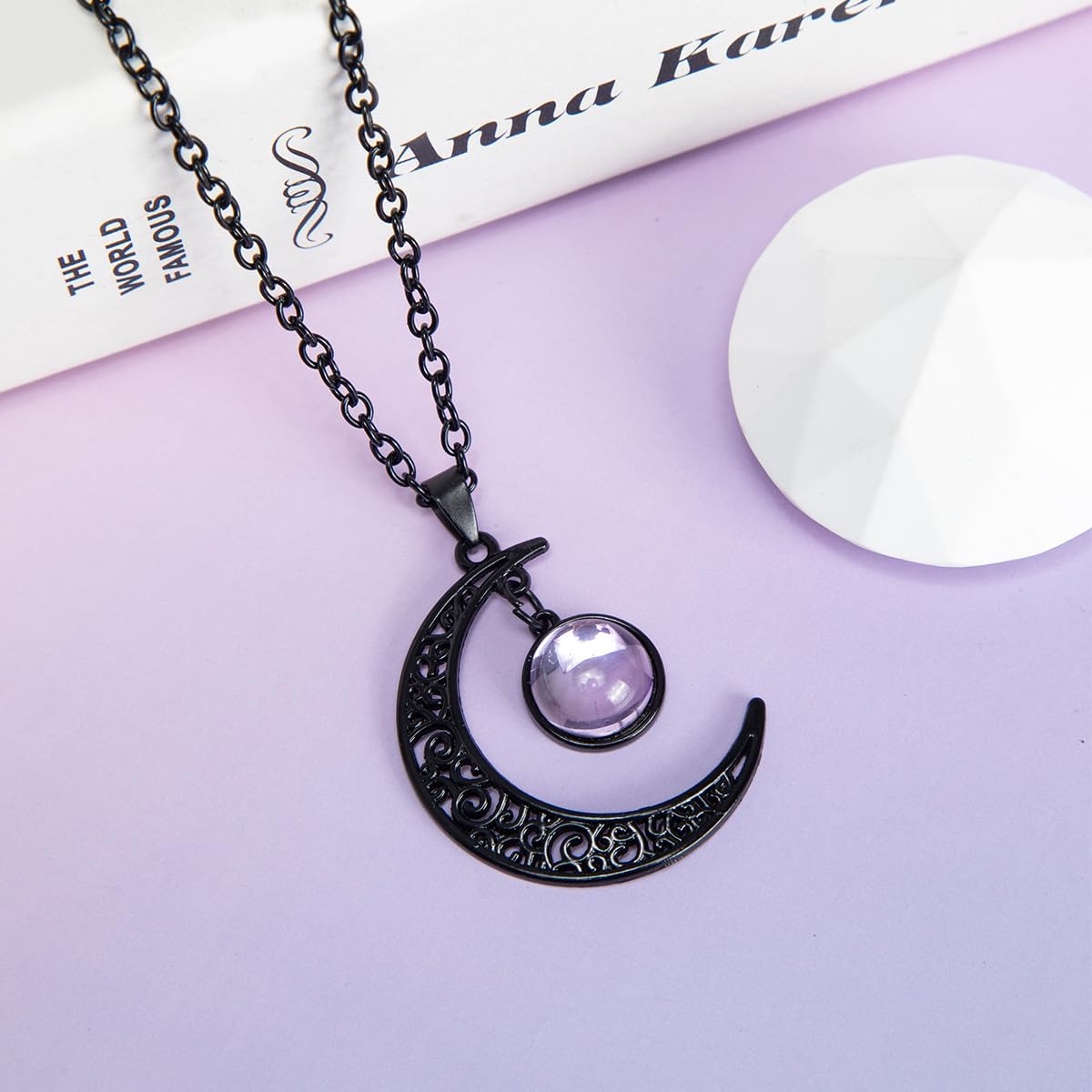 Joyline Gothic Moon Necklace for Women Men Purple Crystal Punk Style Pendant Necklaces Black Crescent Dark Goth Vintage Jewelry Halloween Costume