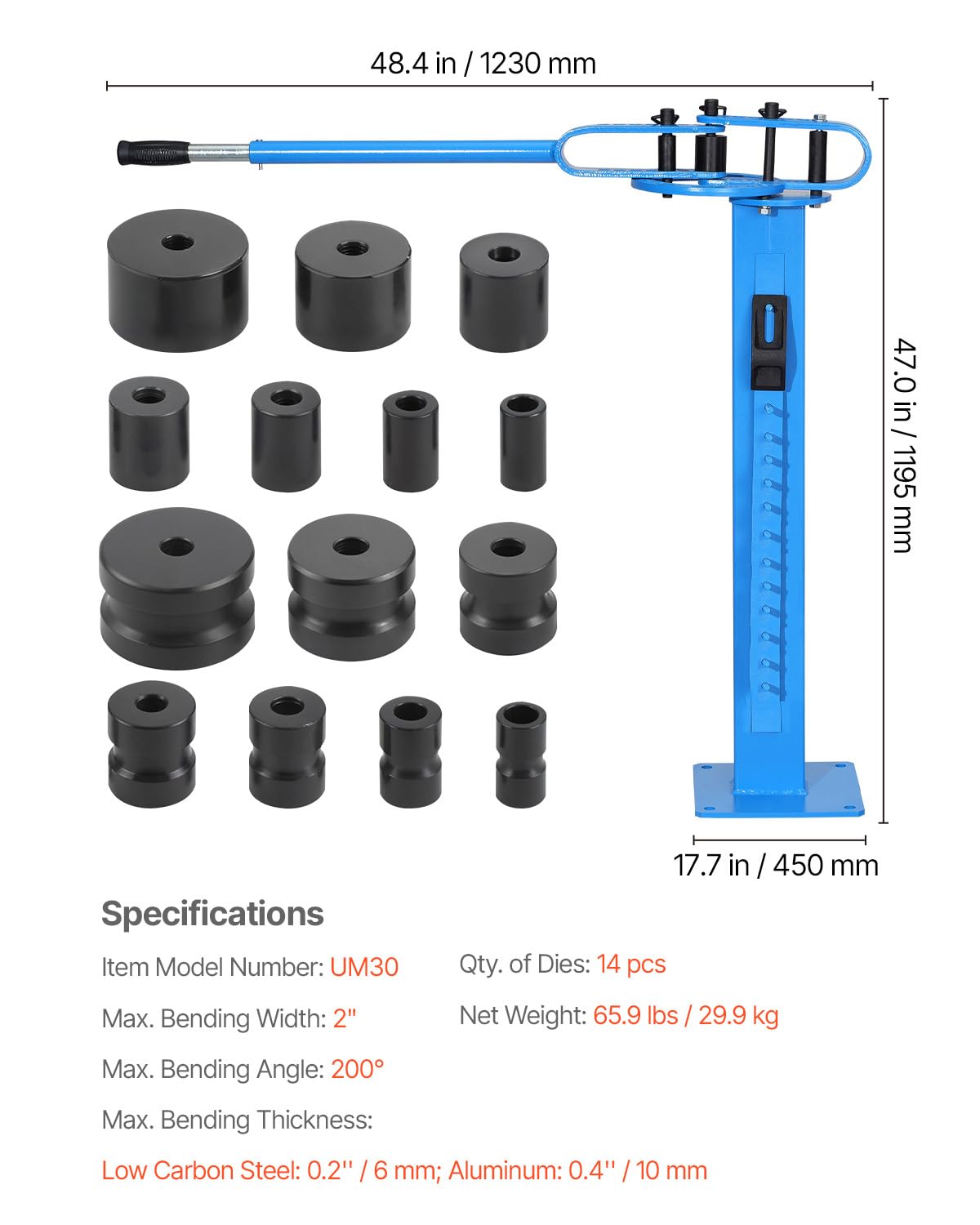 VEVOR Piegatubi Manuale per Tubi con Diametro Esterno Massimo 5,08 cm con 14 Matrici di Piegatura, Utensile per Piegatura Tubi a 200° in Rame Alluminio Ferro, per Riparazione Auto Frigoriferi