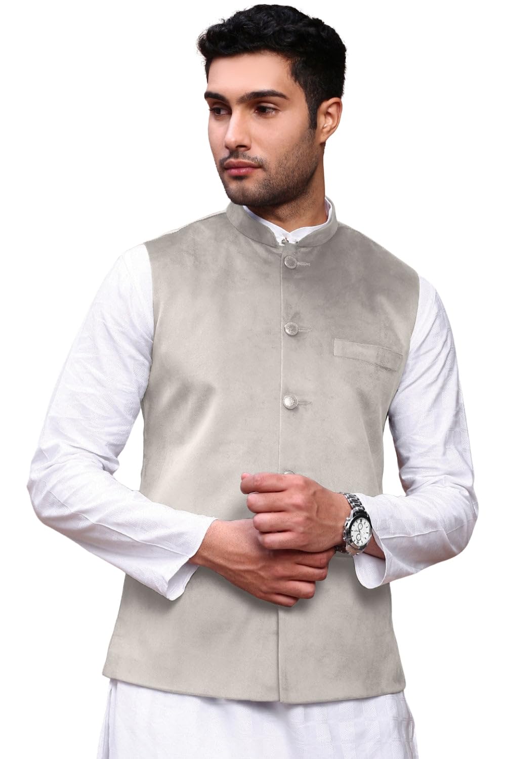 showoffff Men Solid Ethnic Nehru Jacket | Mandarin Collar Sleeveless Suede Nehru Jacket's for Mens | Slim Fit Regular Length Nehru Jacket for Men's-picture-17