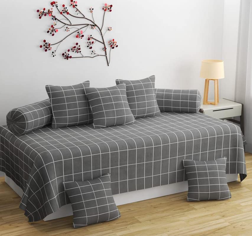 Vivan TRADING 210 TC Premium Glace Cotton Fabric Set of 8 Pc Diwan Set - 1 Pc Diwan Sheet, 5 Pc Cushion Covers and 2 Pc Bolster Covers(Grey)