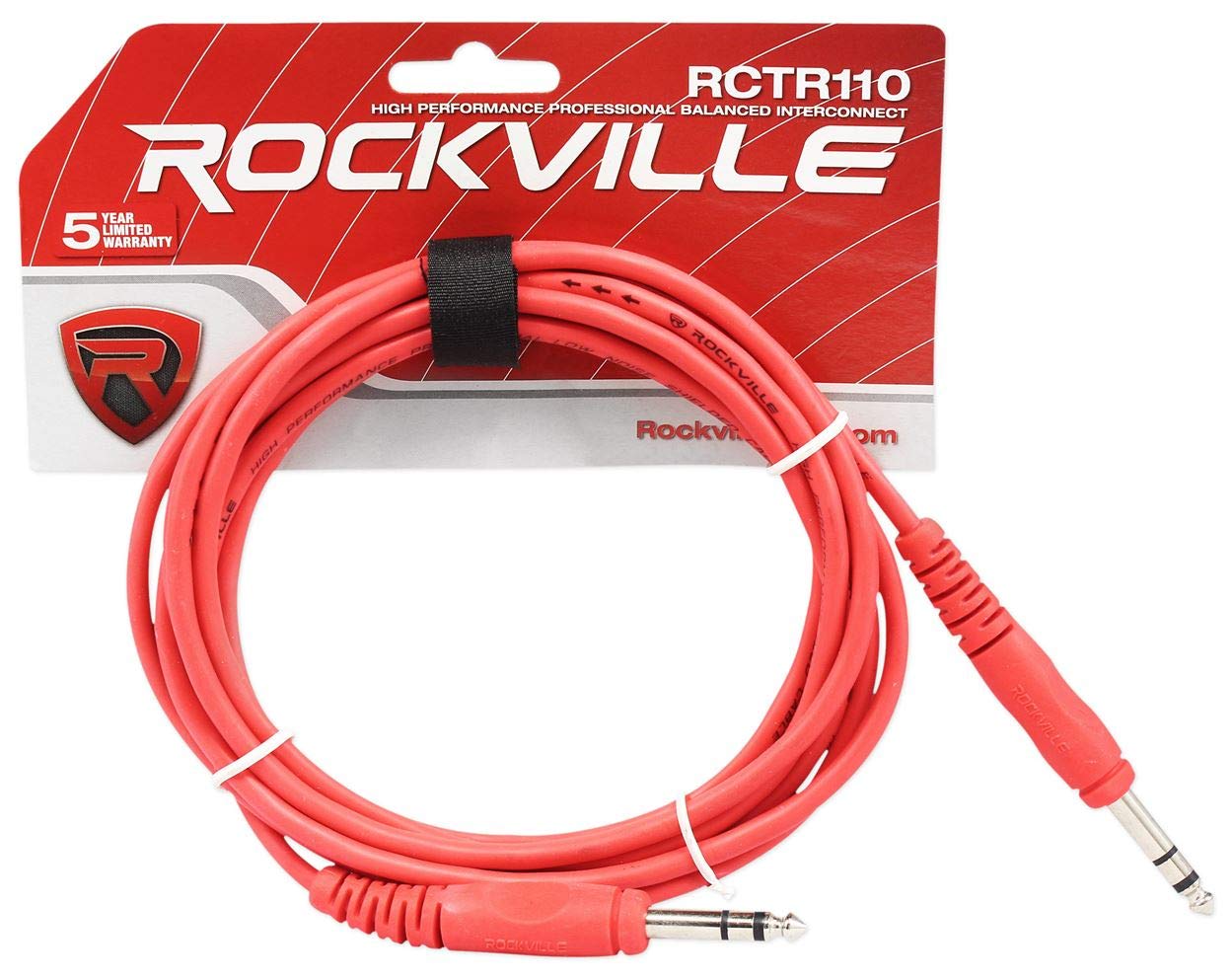 Rockville RCTR110R 10' 1/4'' TRS to 1/4'' TRS Cable, Red, 100% Copper