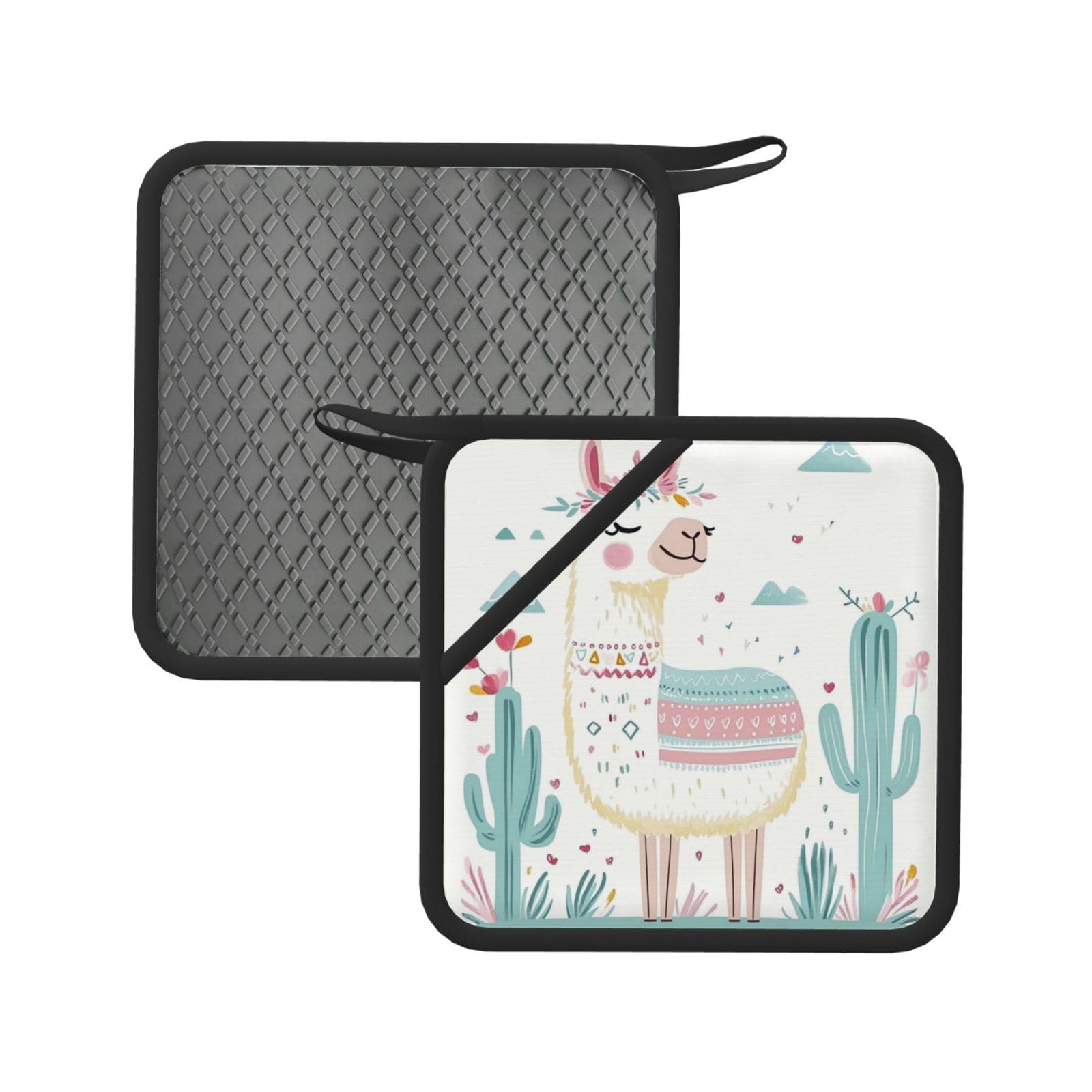 Pot Holders Set of 2 Kitchen Heat Resistant Potholders Cute Hand Drawn Llama Silicone Aunty-hot Pad Cotton Lining Oven Hot Pads for Cooking Baking BBQ Microwave Kitchen