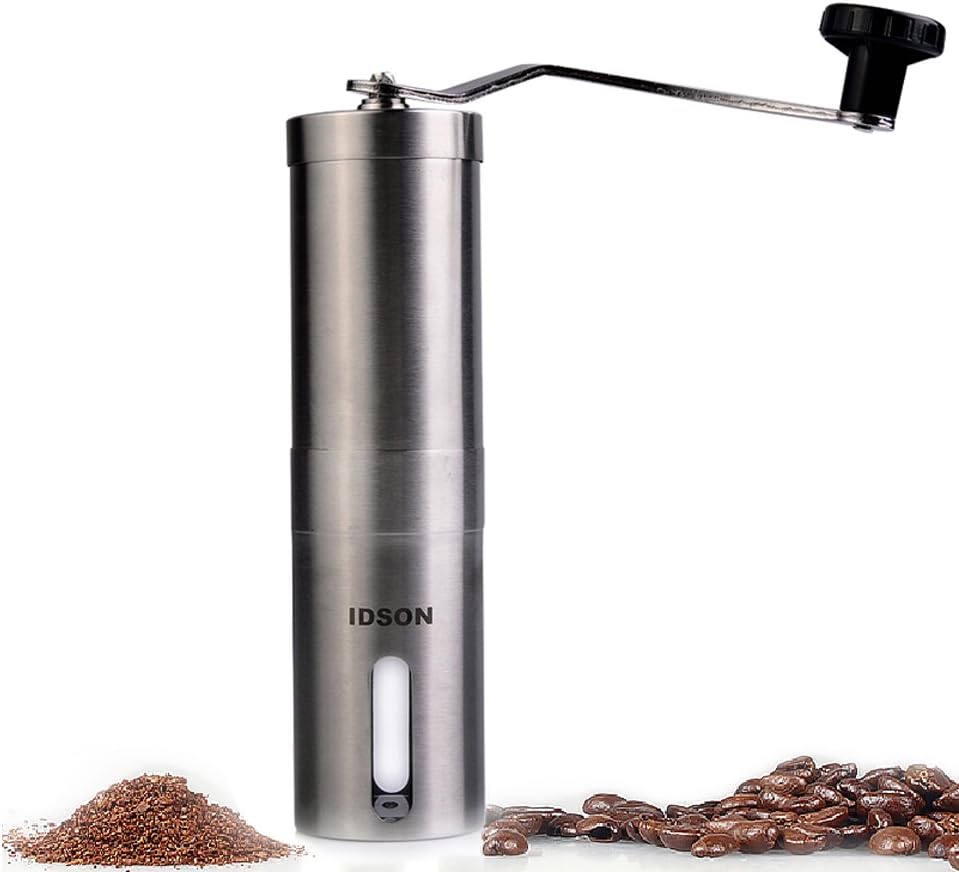 Idson Ceramic Burr Manual Coffee Grinder-Mini Hand Crank Coffee Mill - Stainless Steel,Adjustable,Portable,Slim Design for Home and Travel- Aeropress Compatible