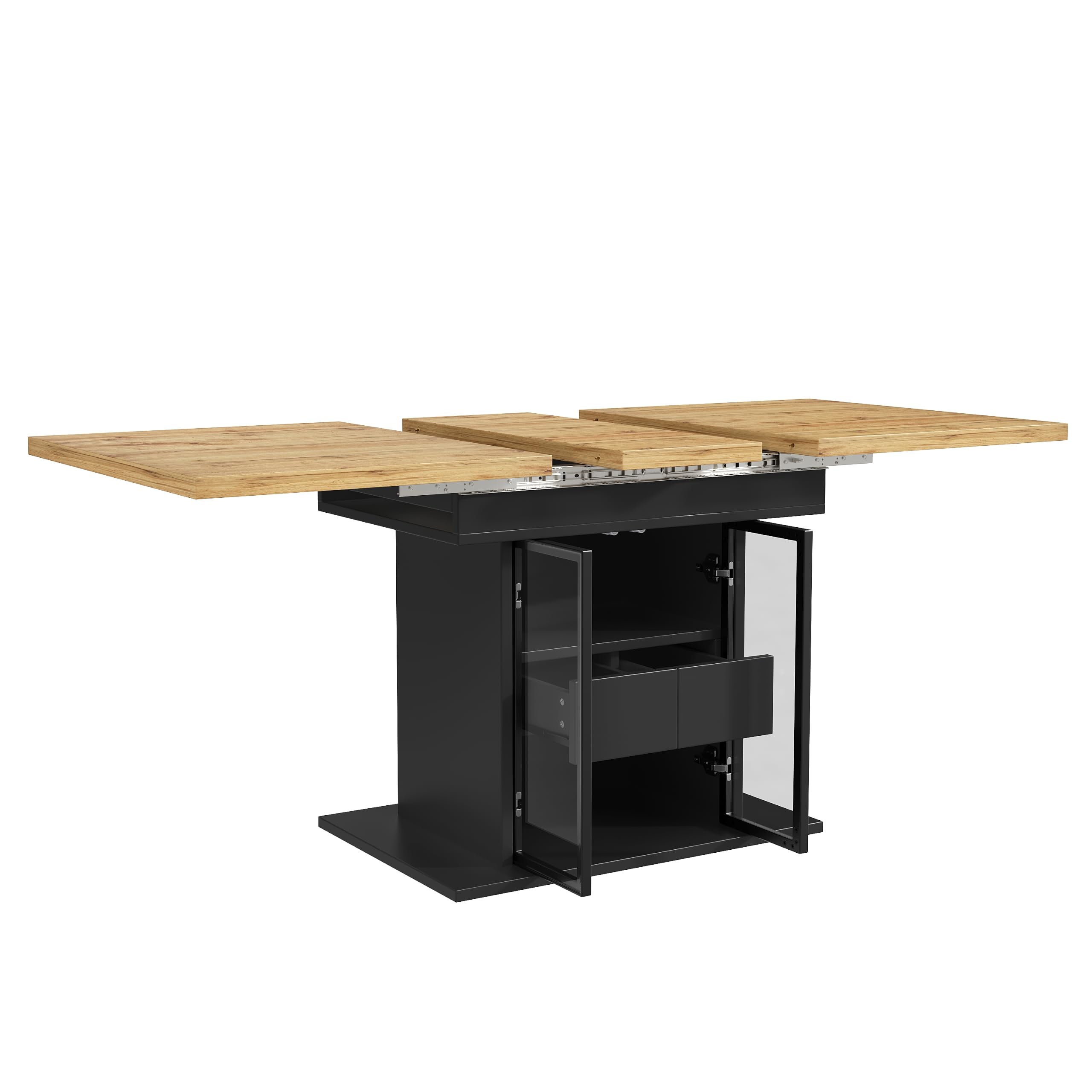 Tavolo da pranzo allungabile con vano portaoggetti e illuminazione LED RGB, 110-140 cm, porte scorrevoli in vetro e maniglie a pressione nascoste (nero)