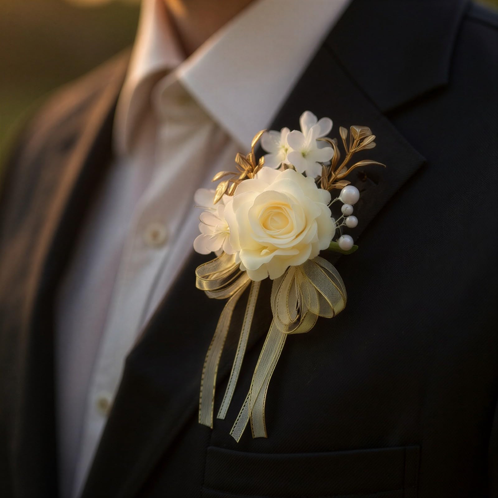 6 Stk. Ansteckblumen für den Bräutigam zur Hochzeit, cremeweiße Rosen-Anstecker für Herren mit Goldblättern, romantische künstliche Rosen-Boutonnieres für Trauzeugen und Gäste