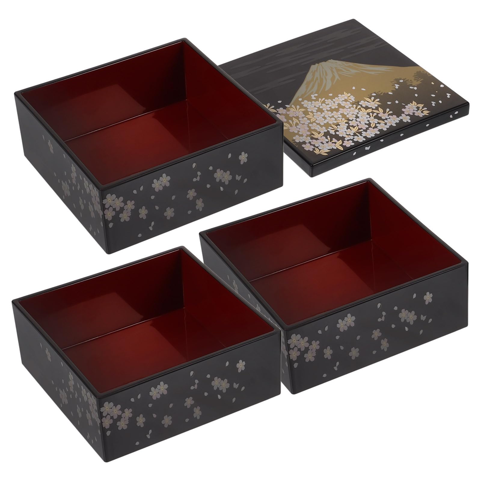 Japanische Bento Kasten Schwarz, Kunststoff, 3-lagig, mit Fuji Motiv