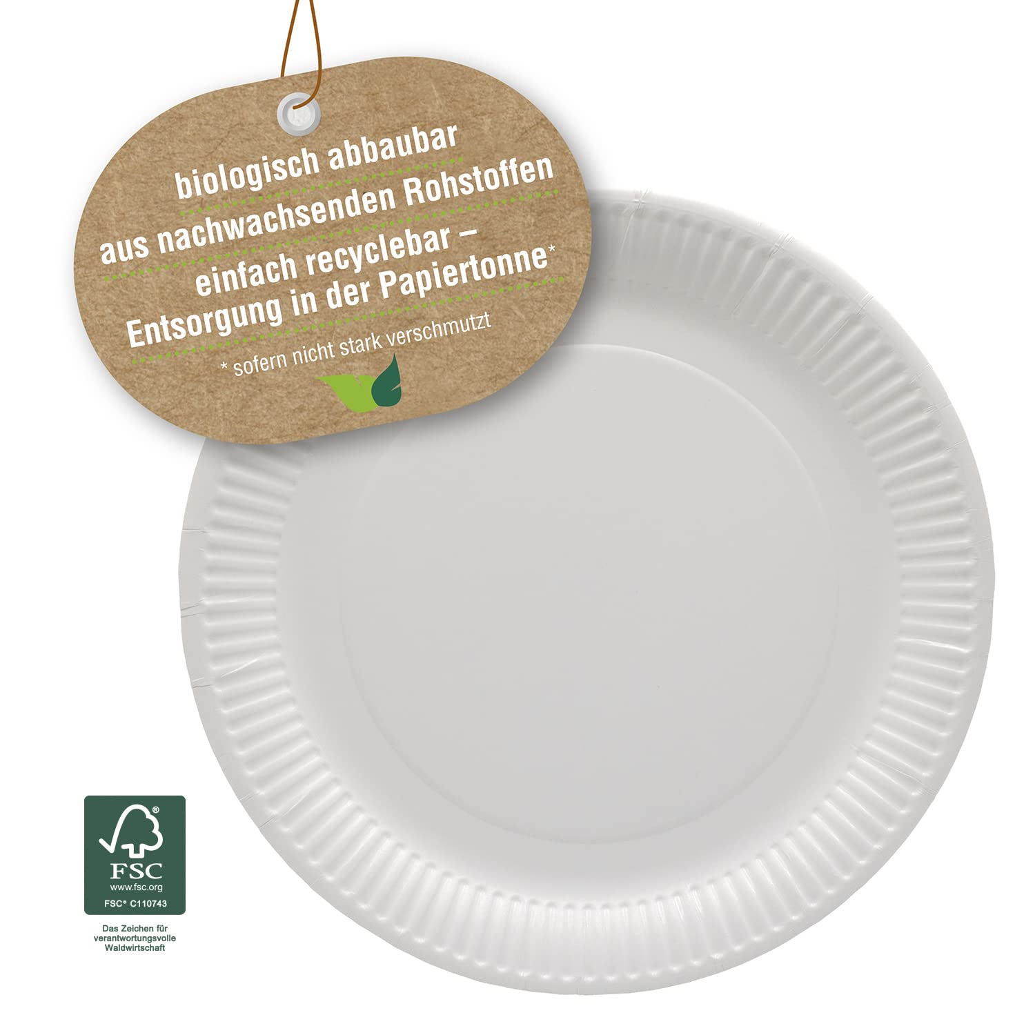 Jednorazowe talerze papierowe, 25 sztuk, biodegradowalne, FSC z surowca odnawialnego, opakowanie foliowe Green PE, dzięki czemu zużycie ropy naftowej o 40% mniejsze, okrągłe, białe