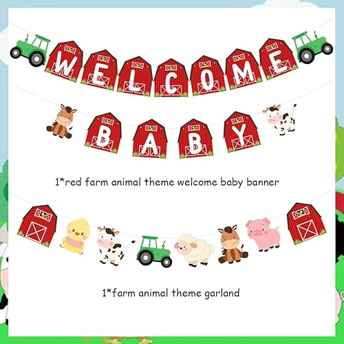 Miniatura 5 de Decoración de baby shower de animales de granja, pancarta roja para niñas, guirnalda de baby shower con temática de animales de granja, pancarta de