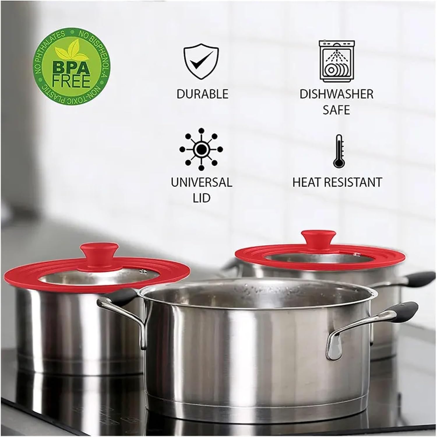 Topfdeckel Pfannendeckel, Bratpfannendeckel, multifunktionaler Topfdeckel aus gehärtetem Glas, Silikon, dampfsicher, Pfannenabdeckung(Red 24-26-28cm)