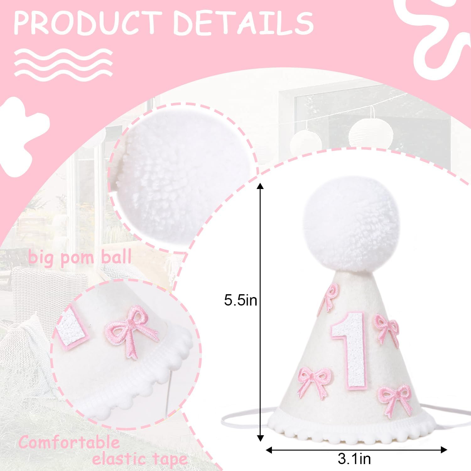 Bow 1st Birthday Party Hat - Girls Cake Smash Photo Props, Pink Bow and White Cone Hat for First Birthday Decorations - Image 2