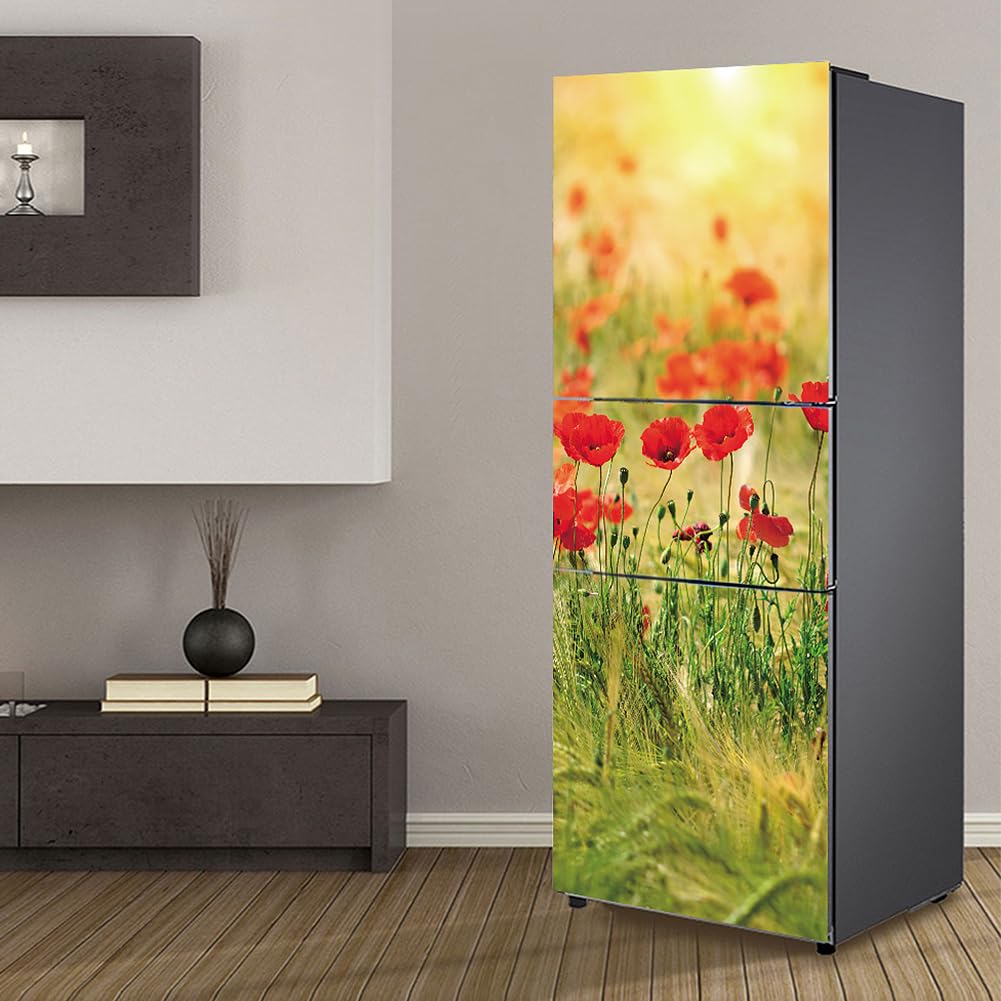 Fridge wrap, Full Covering Door Fridge Covers Skins Wall Stickers for Kitchen Decal, Red Poppy Flower Field Flowers