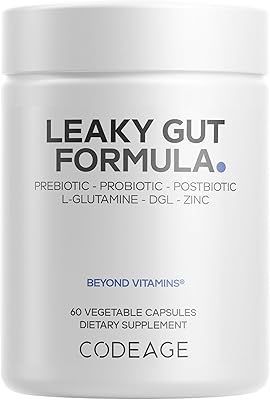 Codeage Leaky Gut Supplement, L-Glutamine, N-Acetylglucosamine, Probiotic, Butyric Acid, Polyphenols, Quercetin, DGL, Marshmallow Root, Berberine, BioPerine, Cinnamon, Vegan, Non-GMO, 60 Capsules
