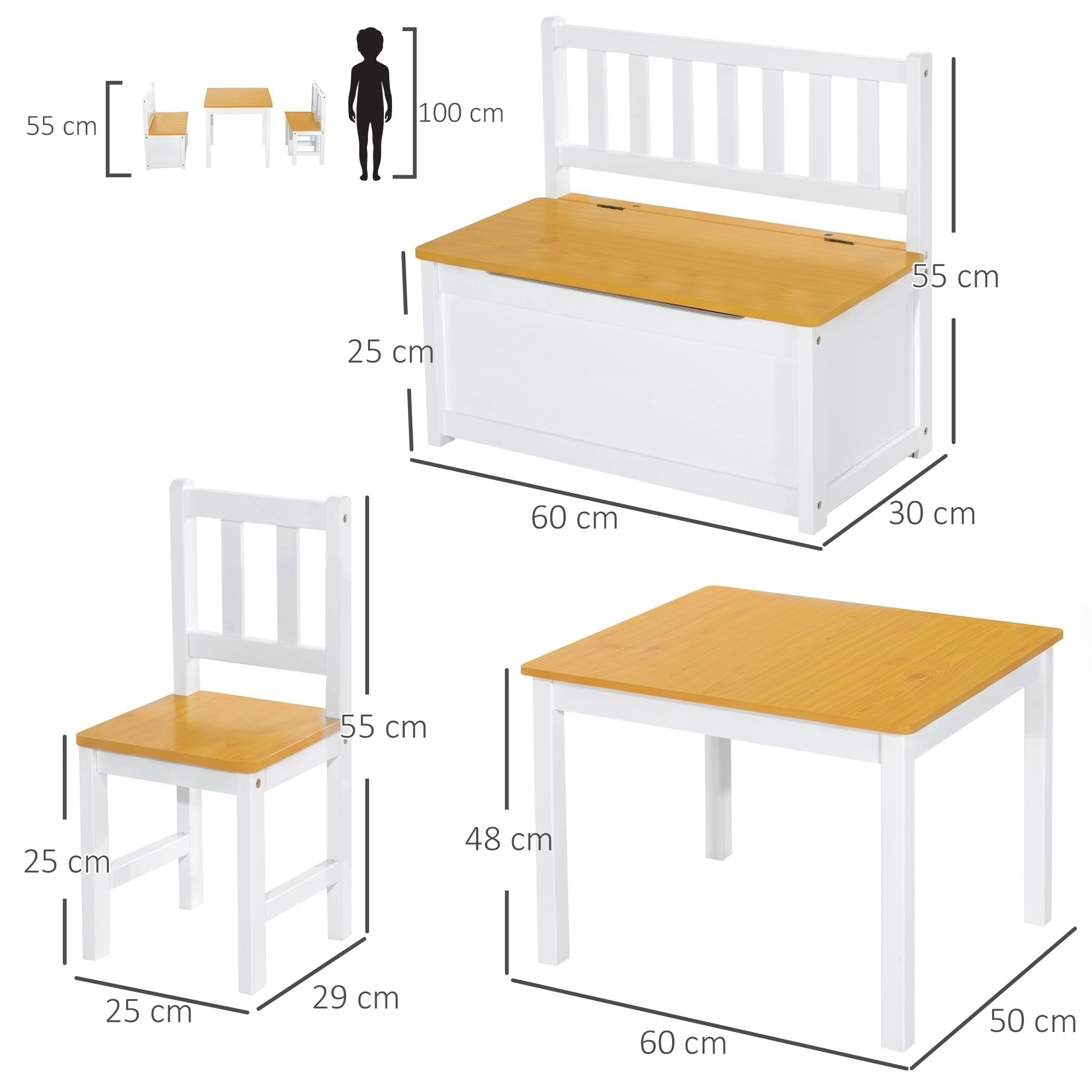 HOMCOM Mesa Infantil con 2 Sillas y Banco con Almacenaje Blanco y Natural | Mesa y Sillas Infantiles de 4 Piezas, Juego de Muebles para Actividades, para Niños de +3 Años, Dormitorio Sala de Juegos