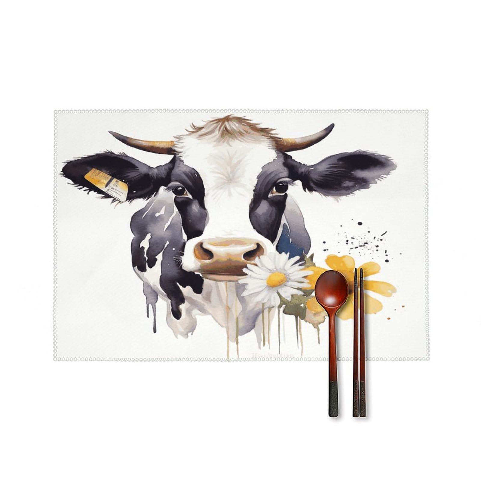 Watercolor Cow and Daisy Flower Placemat Set of 6,Thickened Non-Slip Place Mats Heat Resistant Reversible Table Mats Resistant Washable Place Mat for Kitchen Dining Table Decoration Indoor