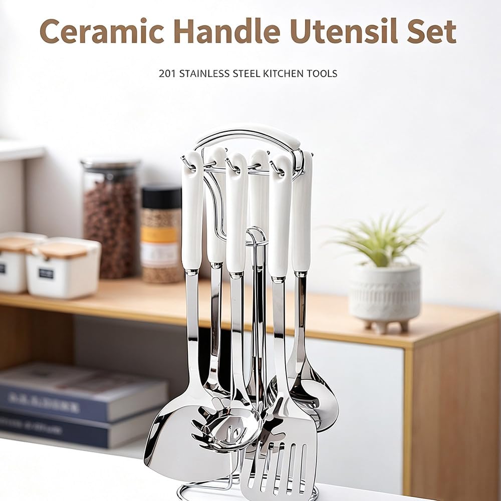 Set di 7 Utensili da Cucina in Acciaio Inox 201 con Supporto, Kit Comprensivo di Spatola E Mestolo con Manico in Ceramica Termoisolante per La Cucina Domestica Pink