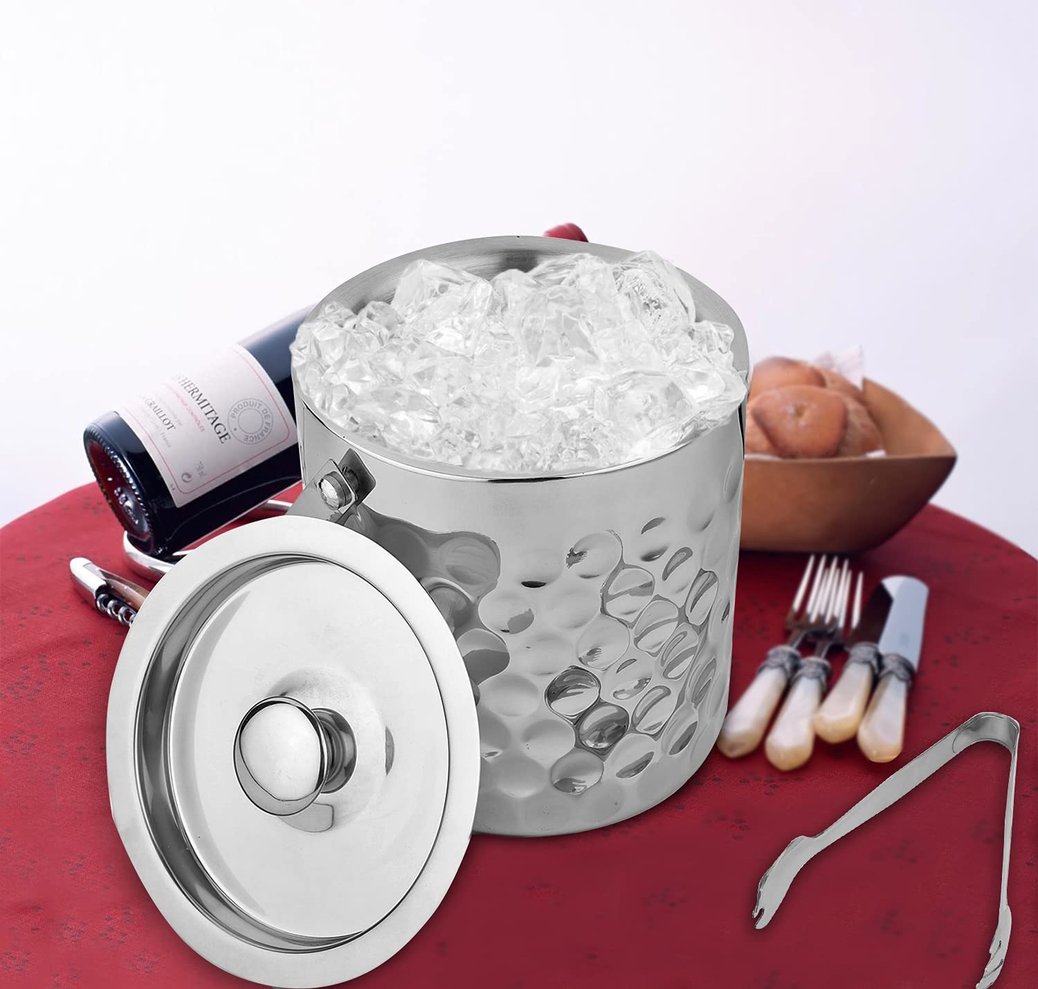 STEREN IMPEX | Stainless Steel Ice Bucket with Tong - 1500 ml | Ice Bucket for Bar & Home | Premium Ice Bucket | Bar Accessories for Home |Silver Finish | Coin Design, Medium, 1.5L 3