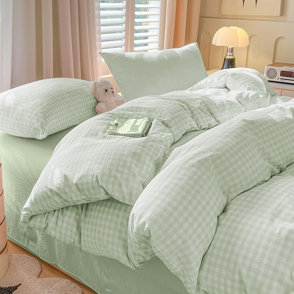 Covebett Green Gingham Duvet Cover Double Green White Gingham Plaid Checkered Grid Bedding Set Check Modern Washed Microfiber Comforter Cover 200x200 cm with Zipper Closure and 2 Pillowcases 50x75 cm โ image 1