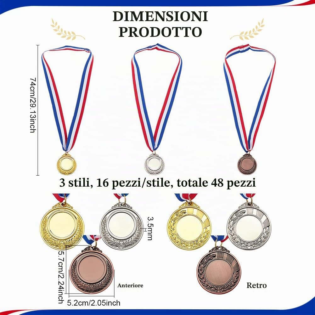 FINGERINSPIRE 48Pz Medaglie Premio Vuote con Nastri per Il Collo, 74cm di Lunghezza in Oro/Argento/Bronzo Antico Crea Il Tuo Kit di Medaglie Medaglia da Tifo Premio per Competizioni di Giochi Sportivi