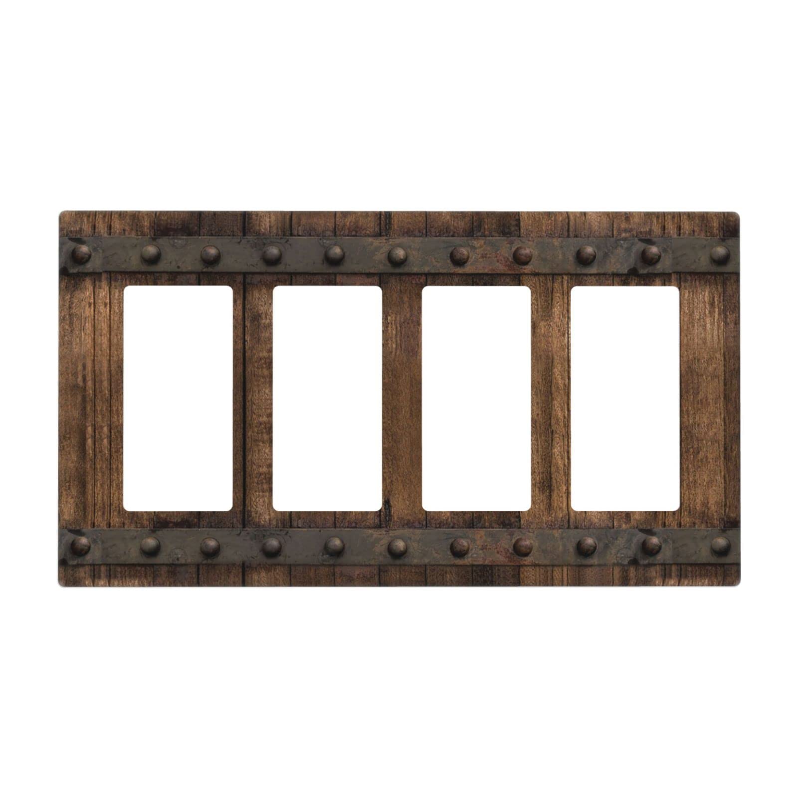 Photo 1 of Rustic Barn Door Country Light Switch Cover 4 Gang Quad Rocker Wall Plate Farmhouse Brown Wood Decorative Faceplate for Bathroom Kitchen Bedroom Home Accessories 8.0" x 4.5" Print Plastic