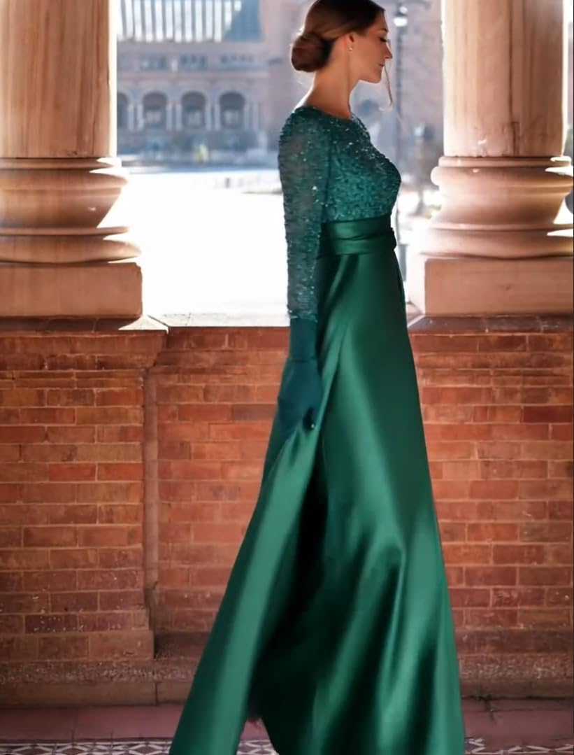 Long Sleeves Prom Dresses for Women 2026 Satin Sequin A Line Sparkly Formal Evening Gowns
