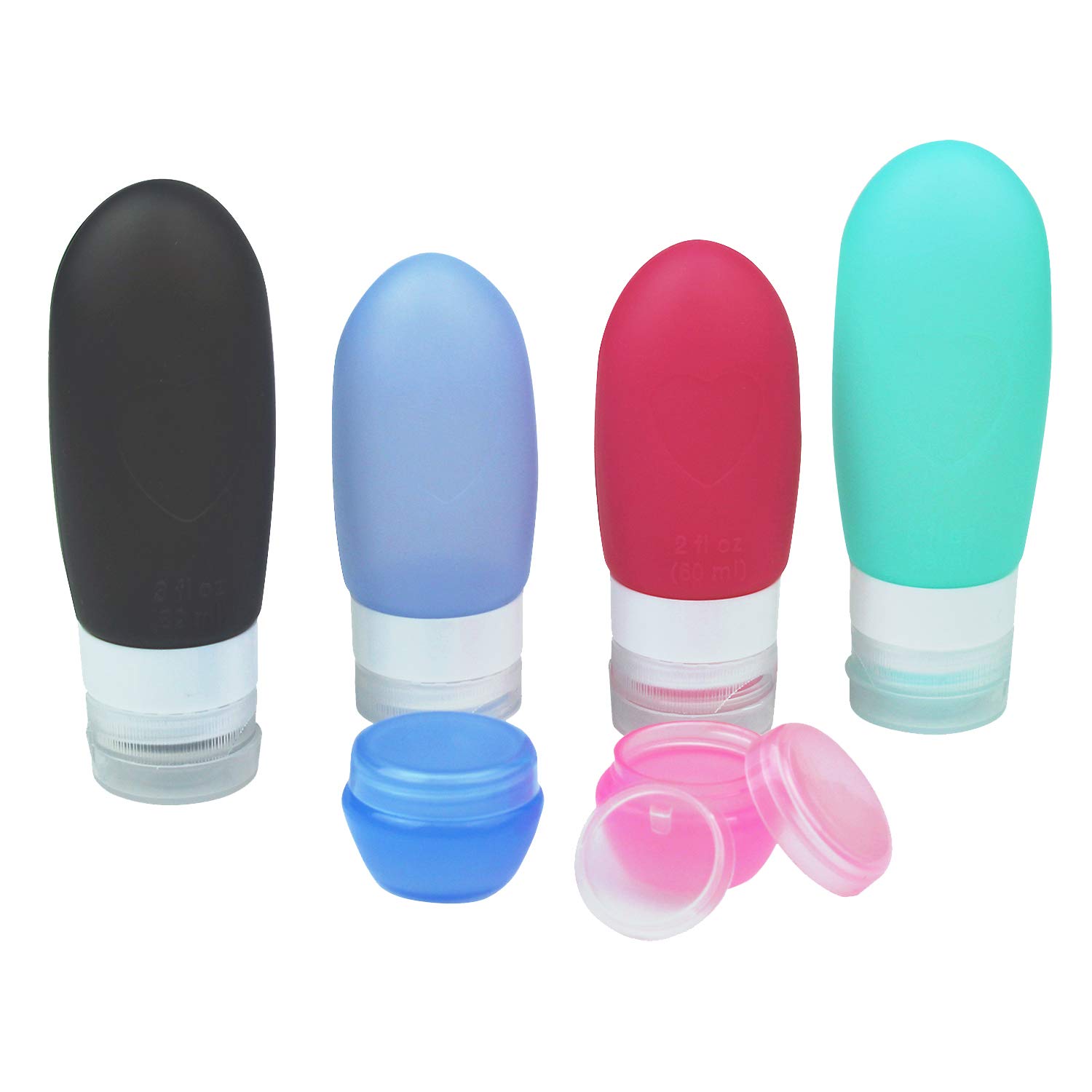 6 Leak Proof Travel Bottles, Refillable Silicone Travel Containers set, 3 FL oz Size, Black/Blue/Red/Green