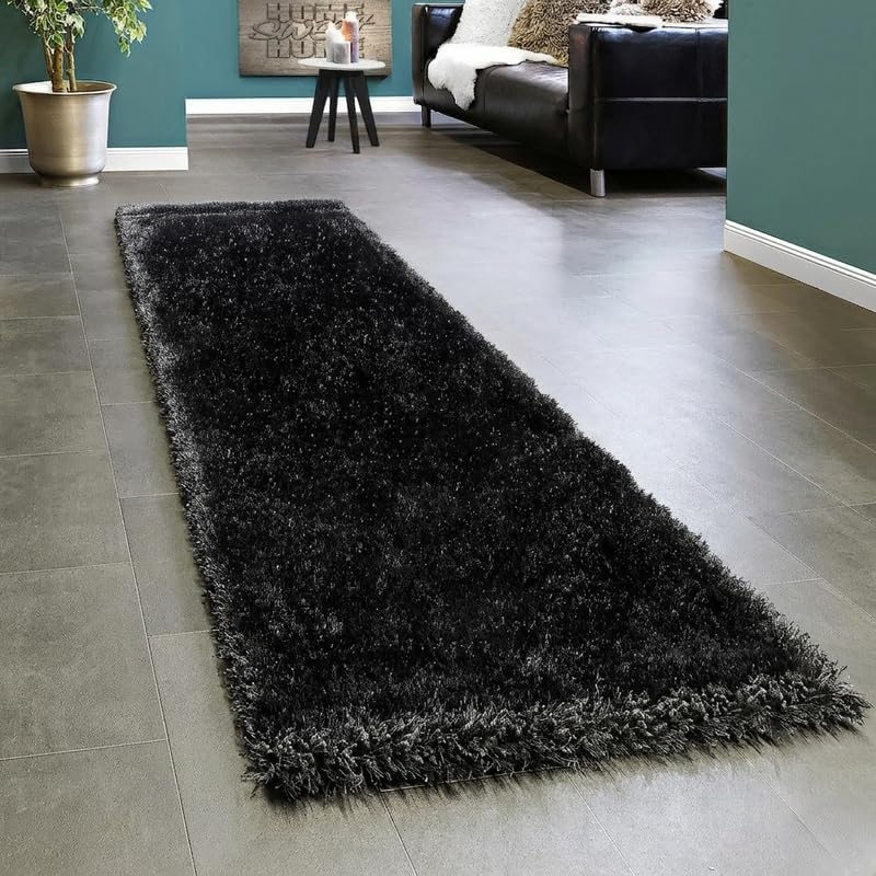 Image of Anti Slip Plain Shaggy Fluffy Fur Bedside Runner Rug, Carpet for Living Room, Floor Mat, Bedroom, Kitchen (Black, 2 x 6, Microfiber)