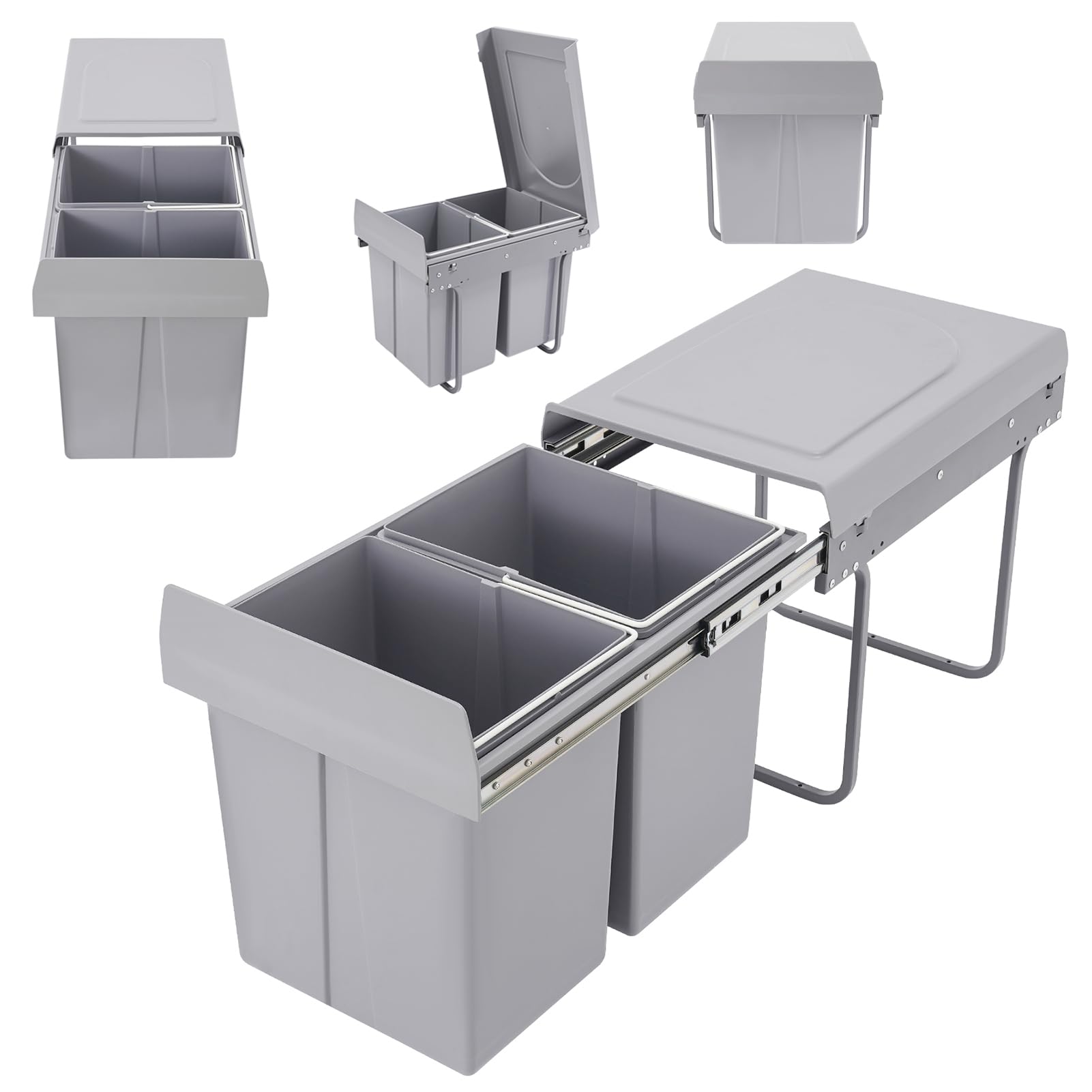 Cubo de basura extensible para cocina, 20 L, armario bajo empotrado con 2 compartimentos, 49 x 35 x 43 cm, cubo de basura para hogares, restaurantes, oficinas, baños, cocinas, gris