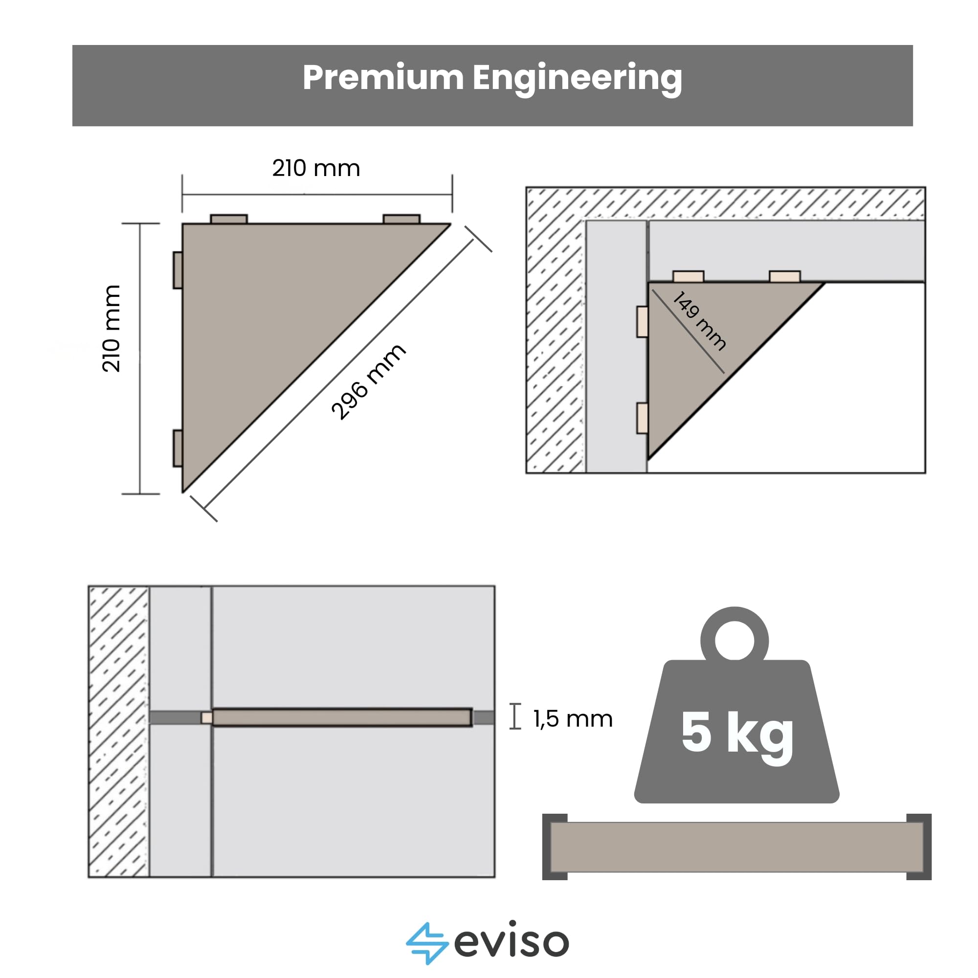 Eviso Premium Étagère de Douche d'Angle sans Perçage – Tablette de Douche en Acier Inoxydable AISI 304 Massif (ASTM) – Design Slim Mural pour Joint de Carrelage