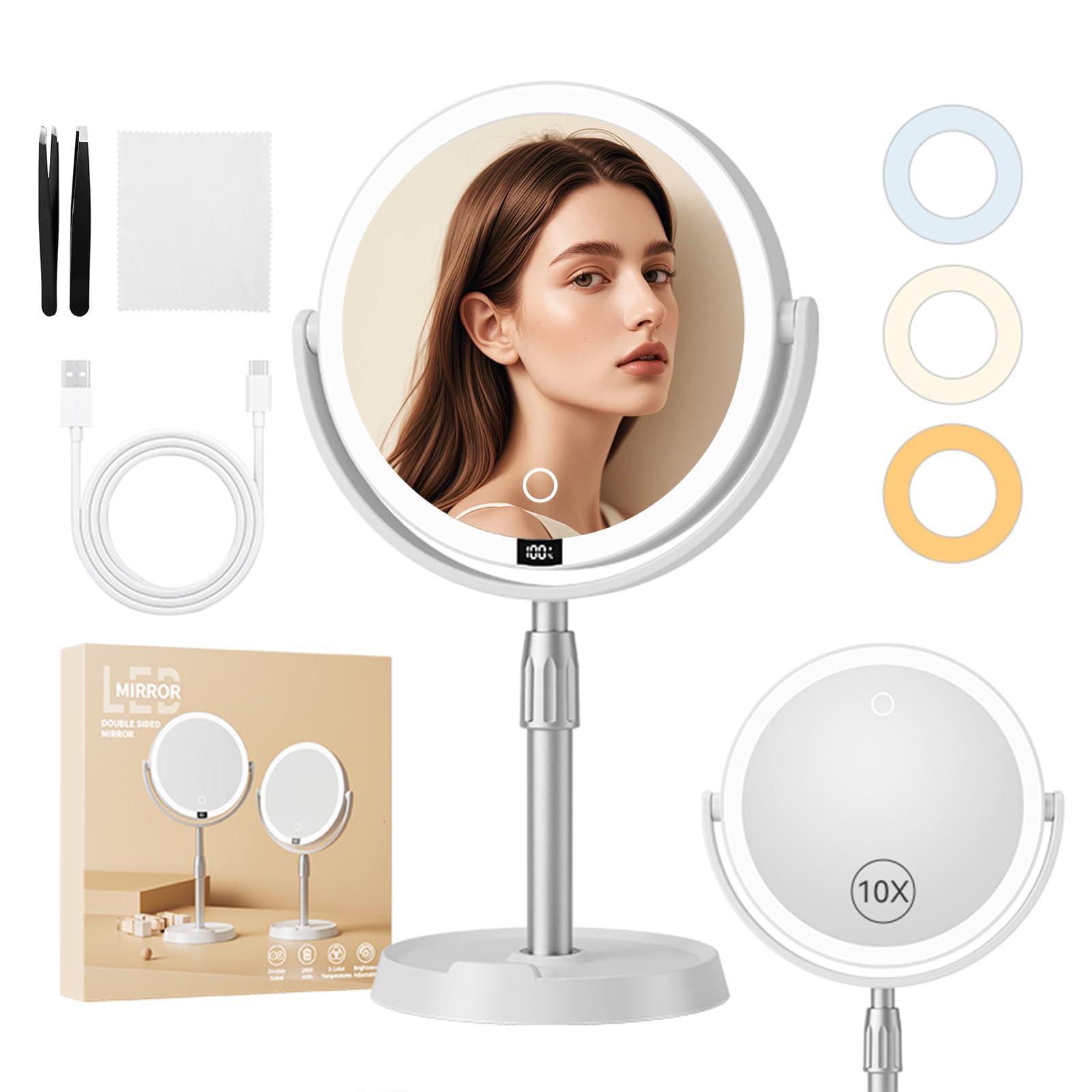 Miroir Grossissant Lumineux 10X/1X,Mirroir Maquilleur Lumineux,Miroir Maquillage LED Rechargeable avec 3 Couleurs éclairage,Rotation 360° pour Maquillage,Soin du Visag