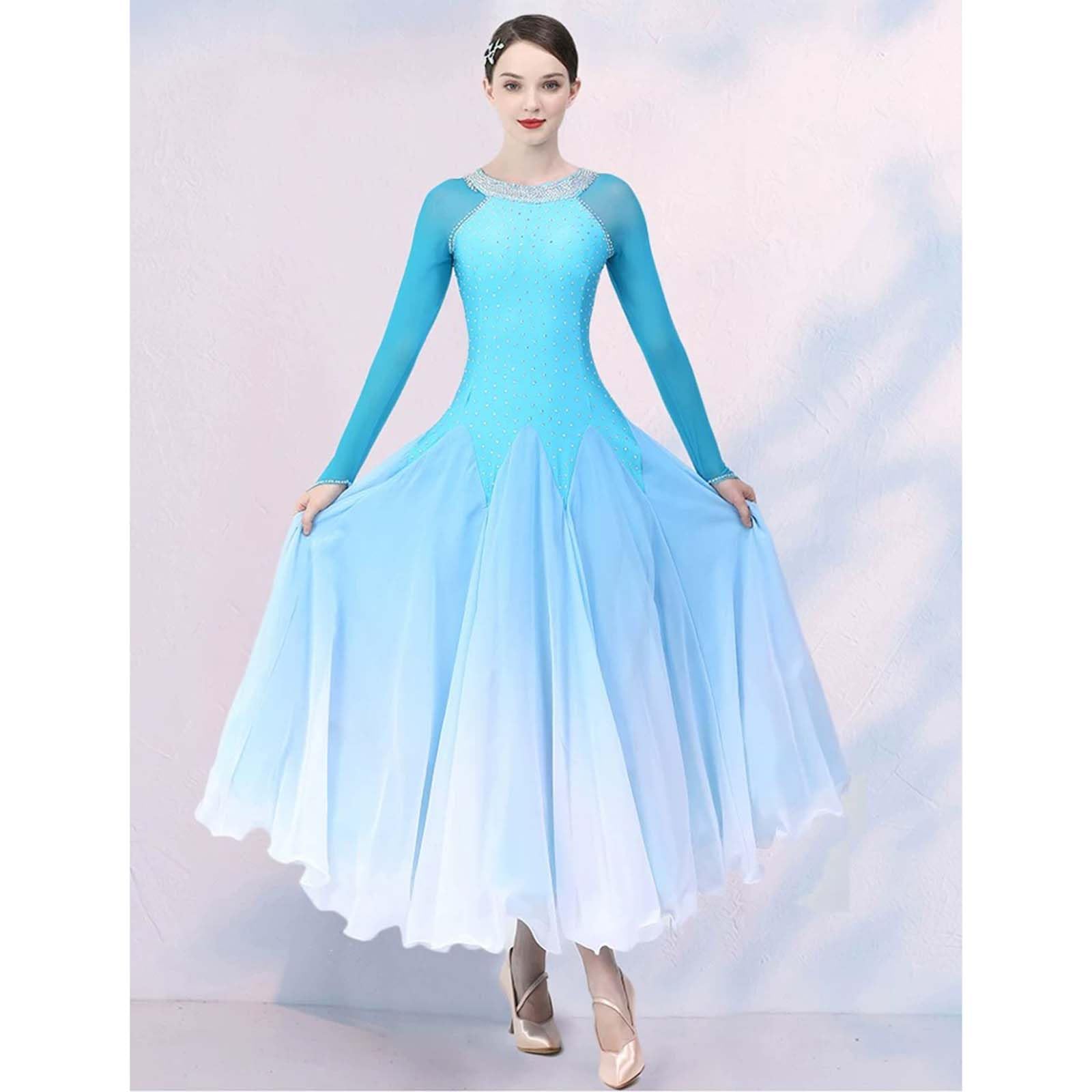 purpleq Professionelles Standard Tanzkleid für Turniere, Elegantes Walzer Kleid mit Strass, Langarm Performance Kleid, Hochwertiges Tanzsport Outfit mit Farbverlauf