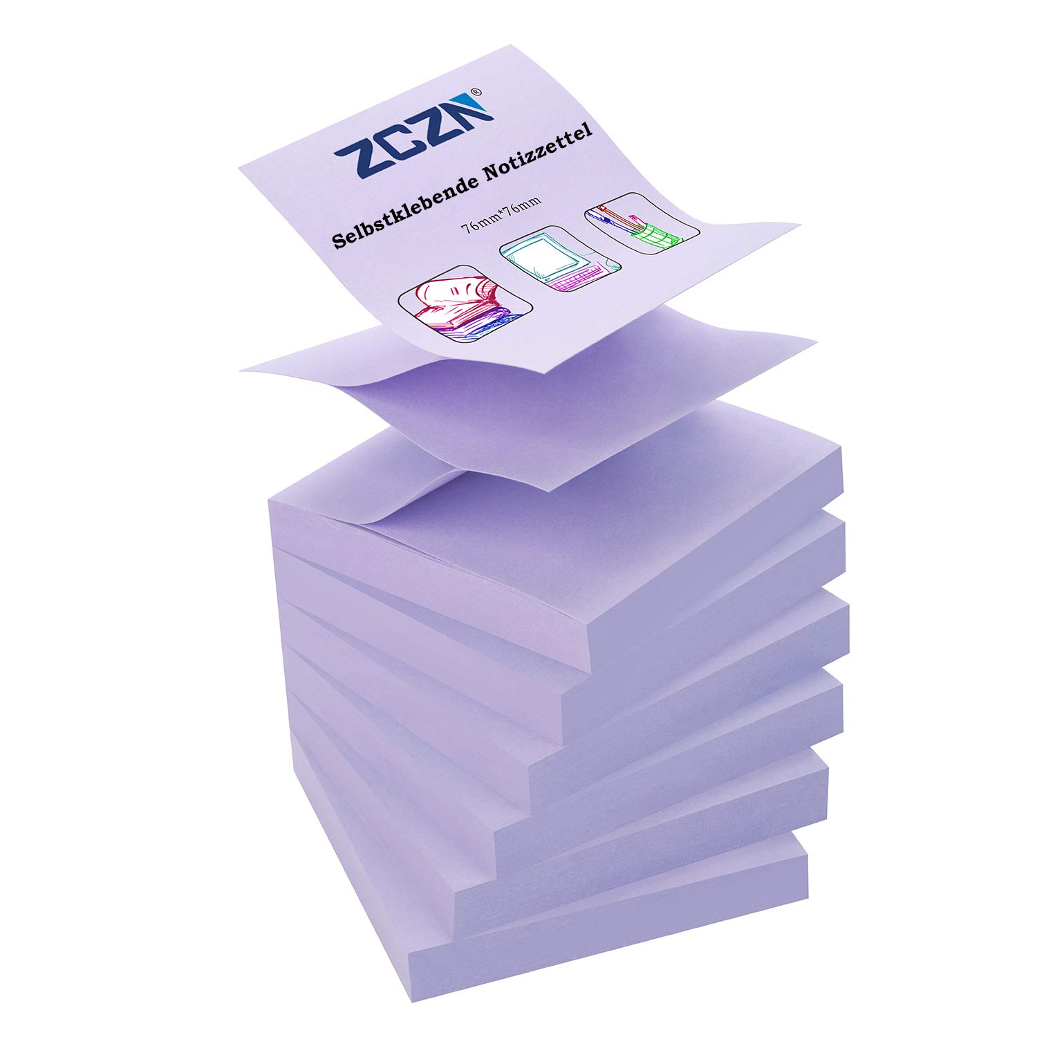 ZCZN Z-Notes, 6 bloków samoprzylepnych do notatek o wymiarach 76 x 76 mm, 80 arkuszy na blok – samoprzylepne notatki na 480 arkuszy – jasnofioletowy
